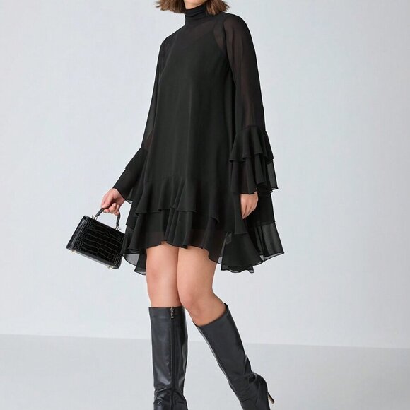 Black Casual Women's Romantic Elegant Chiffon Long-Sleeve ruffled hem dress - Picture 7 of 8